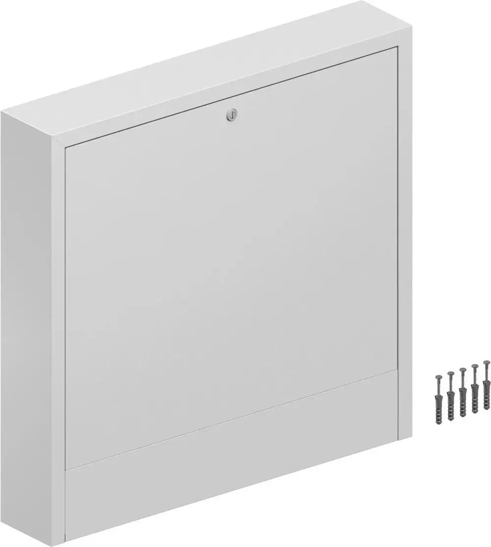 Weißer Verteilerschrank mit einer Tür und einem Schloss. Neben dem Korpus sind mehrere Schrauben zur Befestigung aufgeführt. Produkt von Uponor.